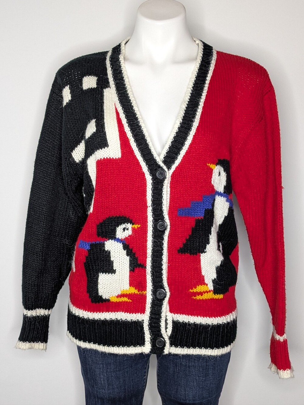 Vintage Helium Red White Black Winter Holiday Penguin V Neck Cardigan Sweater S